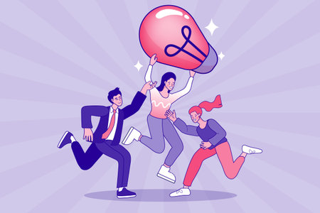 Teamwork and business innovation concept. Diverse group of people carrying giant lightbulb together. Creative brainstorming, collective success, and leadership vector illustration.のイラスト素材