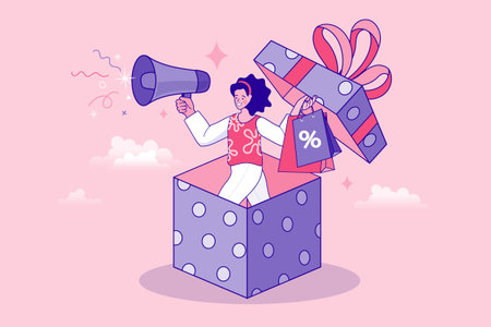 Big sale surprise concept with excited woman. Shouting girl announcing discounts, jumping from a surprise gift box with shopping bags. Vibrant illustration for marketing and retailのイラスト素材