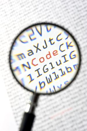 A magnifying glass, zooming in on the word code in red, surrounded by zeros and ones of the binary...