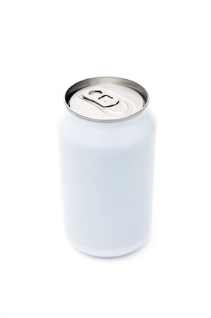 A single, blank, beverage can on a white background