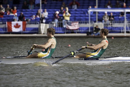 Bosbaan, Amsterdam, Netherlands - 23 July 2011: South African rowers Hunt and Brittain finish first...