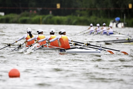 Bosbaan, Amsterdam, Netherlands - 23 July 2011: China's Lightweight womens quadruple sculls is about to become world champion with a world record time of 6:30.71のeditorial素材