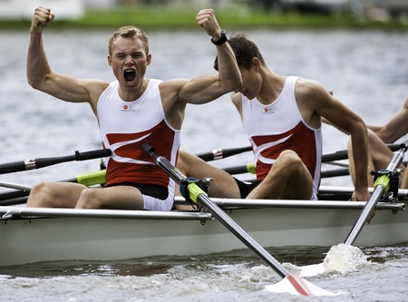 Bosbaan, Amsterdam, Netherlands - 23 July 2011:  The Danish Lightweight Men's Quadruple Sculls win...