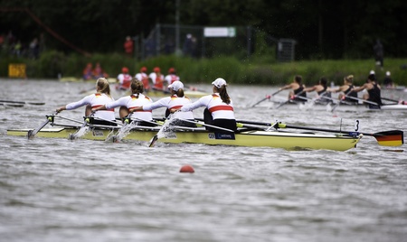 Bosbaan, Amsterdam, Netherlands - 23 July 2011:  Germany's Women's Quadruple Sculls about to win...
