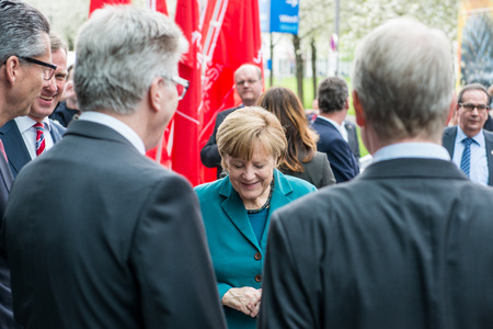 HANOVER, GERMANY - APRIL 7: German Chancellor Angela Merkel arriving at the Hannover Messe on Monday, April 7, 2014. The Hannover Messe is the largest Technology trade fair in the worldのeditorial素材