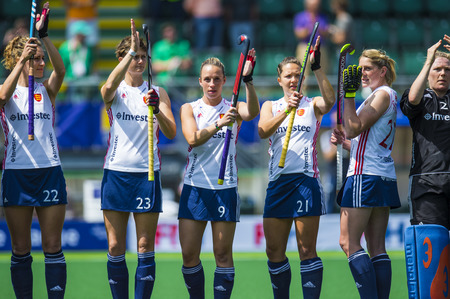 THE HAGUE, NETHERLANDS - JUNE 1: The English hockey team is greets their fans before the game at the Hockey World Cup 2014 (woman)のeditorial素材