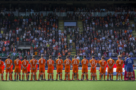 THE HAGUE, NETHERLANDS - JUNE 1: The Dutch hockey team is lined up for the anthem during the Hockey World Cup 2014 (men)のeditorial素材