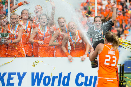 THE HAGUE, NETHERLANDS - JUNE 14: Captain Maartje Lammers of the Dutch field hockey team sprays...
