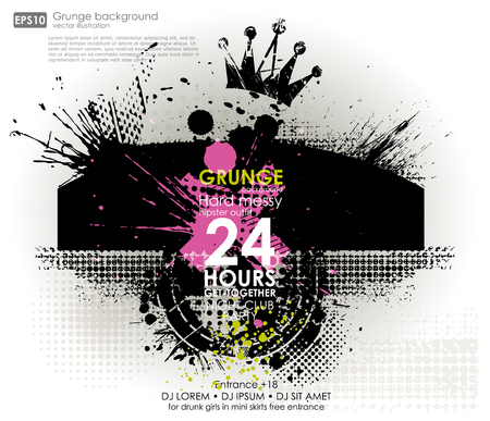 Grunge background in black color. Vector illustration. Grunge background with a colorful rainbow ink splat effect. Grunge banner with an inky dribble strip with copy space for party and t-shirt printのイラスト素材
