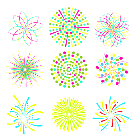 Festive patterned firework bursting in various shapes. Party and holiday event firework icon flat set isolated vector illustrationのイラスト素材