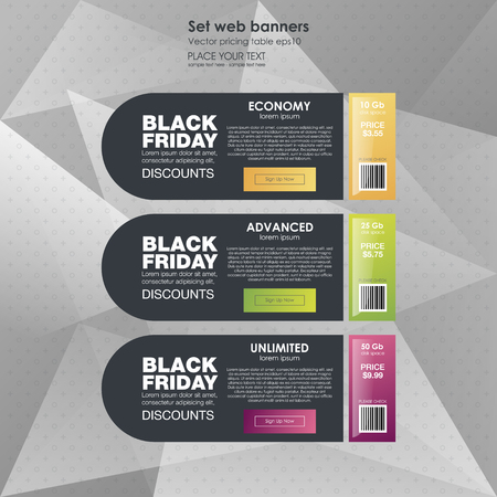 Set horizontal tariffs banners. interface for the site. ui ux vector banner for web app. Voucher pricing table, banner, order, box, button, list and bullet with plan for website in flat designのイラスト素材
