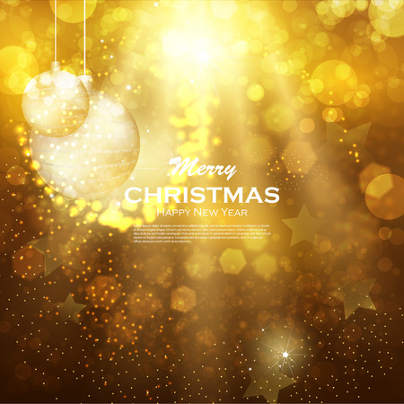 Christmas background with gold magic star. Blurred Christmas Lights for Xmas Holiday Design. Elegant Christmas background with golden snowflakes and place for text. Festive fireworksのイラスト素材