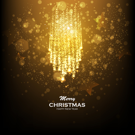 Gold glittering bokeh stars dust. Christmas background with gold magic star. Blurred Christmas Lights for Xmas Holiday Design. Elegant Christmas background. Festive fireworksのイラスト素材