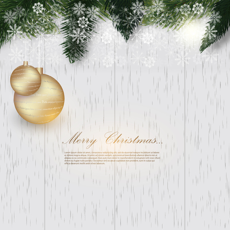Christmas wooden background with fir branches. Christmas card with fir branches and golden balls. Christmas frameのイラスト素材
