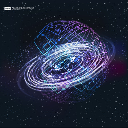 Point and curve constructed sphere wireframe with blackhole backgroundのイラスト素材