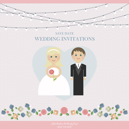 Wedding Card Invitation with newlyweds in Vector flat styleのイラスト素材
