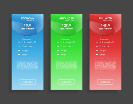Set tariffs. interface for the site. ui ux vector banner for web app. Pastel pricing table, banner, order, box, button, list and bullet with plan for website in flat designのイラスト素材
