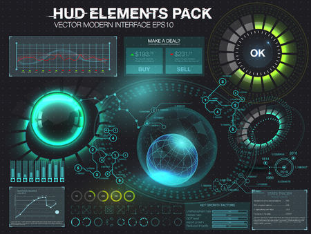 Fantastic abstract background with different elements of the HUD. Big set of various HUD elements. Charts, ratings style HUD switches and various geometrical objectsのイラスト素材