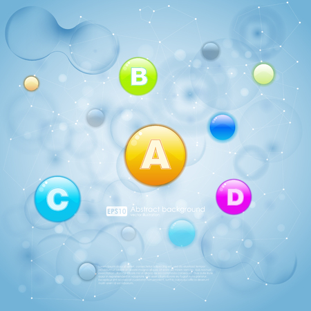 Medical vitamins and cell background. Vitamins molecule chemical science. Blue cell background.のイラスト素材