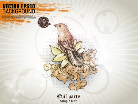 Beautiful background with hand drawn orchids, bird and space for text. Poster for party.のイラスト素材