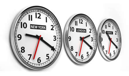 Wall clocks displaying the time of 3 cities around the world