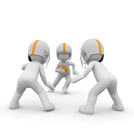 Three 3d characters play together in a threesome American football.の写真素材