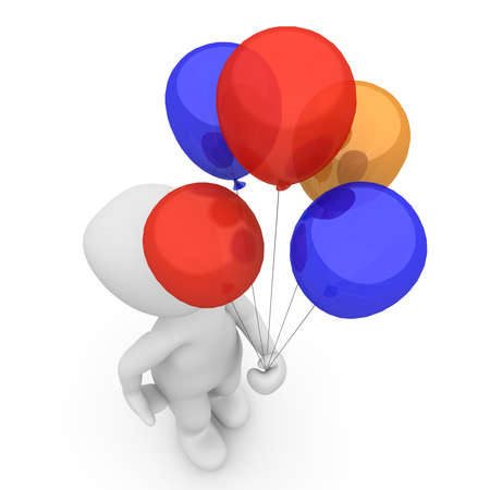 Under the balloons is a child that keeps them firmly