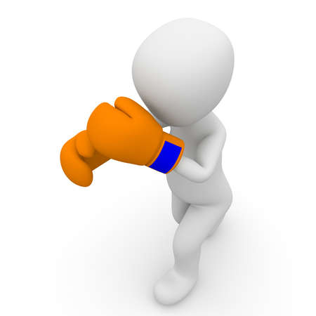 A 3d character with orange boxing gloves boxing.の写真素材