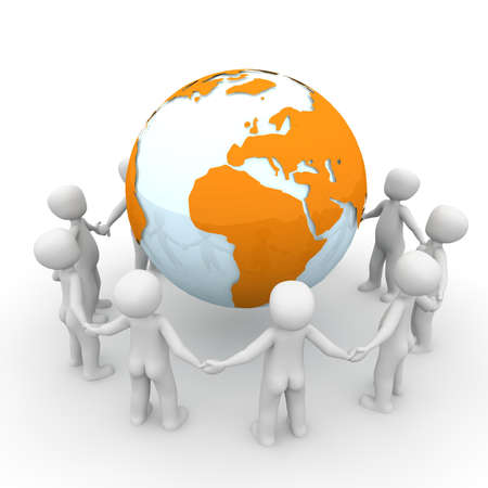 The many characters and form a circle around the orange earth.の写真素材