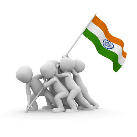The characters want to hoist the Indian flag together.の写真素材