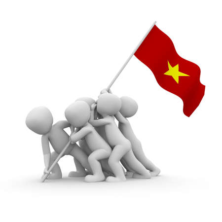 The characters want to hoist the Vietnamese flag together.の写真素材