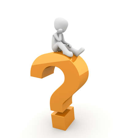 A character sitting on top of a lot of questions.の写真素材