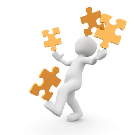 A character balances the puzzle pieces on hands, foot and head simultaneously.の写真素材
