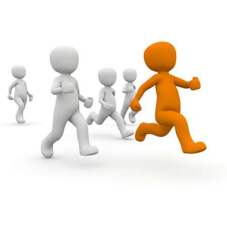 The orange character runs away from the white characters.の写真素材