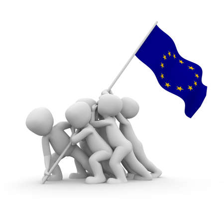 The characters want to hoist the European flag together.の写真素材