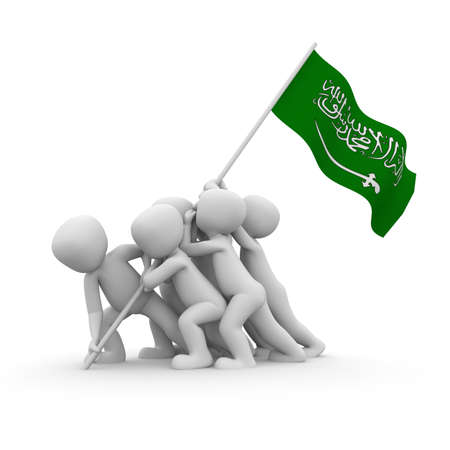 The characters want to hoist the Saudi Arabian flag together の写真素材
