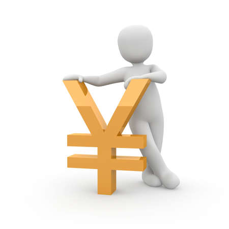 The character posing behind an orange sign yuan.の写真素材