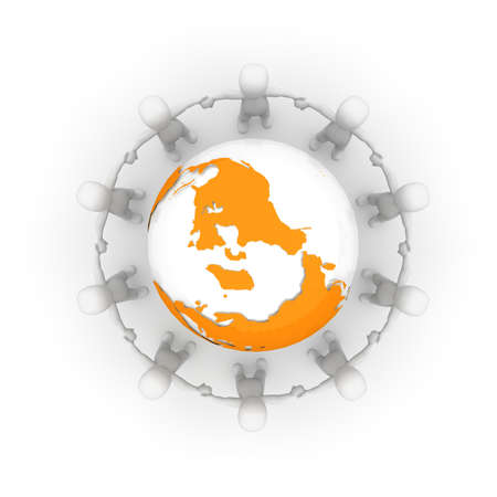 The many characters and form a circle around the orange earth.の写真素材