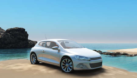 The new car has been parked at the sea on the beach.の写真素材