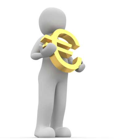 A character holding an gold sign euro in hands.の写真素材