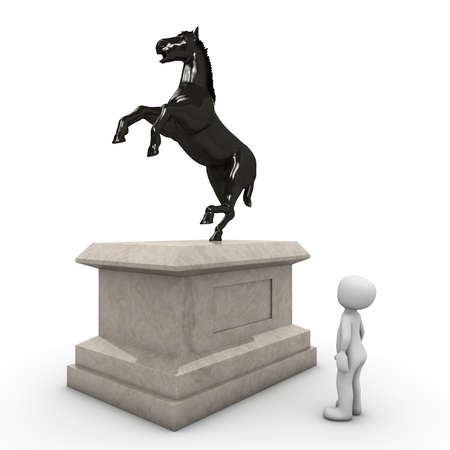 The character looks at a statue of a horse.の写真素材