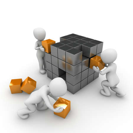 Several characters build a large cube made â€‹â€‹of small cubes.