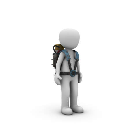 The character flies away with a jetpack.