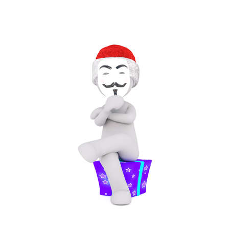 3D character with crossed legs holding cardboard mask in front of face while sitting on purple Christmas gift over white backgroundのeditorial素材