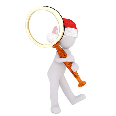 Single squatting 3D rendered figure in Christmas hat walking and holding a large magnifying glassの写真素材