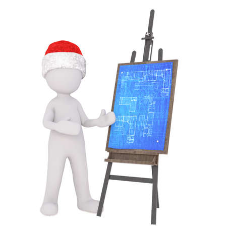 3D illustrated figure wearing santa hat gestures towards blue prints pinned on an easelの写真素材
