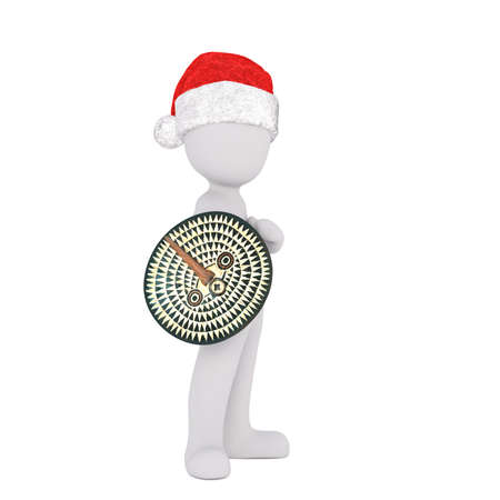 Proud 3D illustrated figure stands with shield and wears santa hat against a white backgroundの写真素材