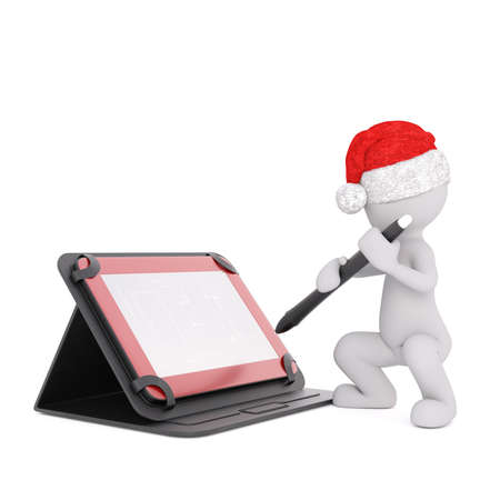 3D rendered sitting figure in red and white Santa Claus Christmas hat writing with stylus on tablet computer over isolated backgroundの写真素材