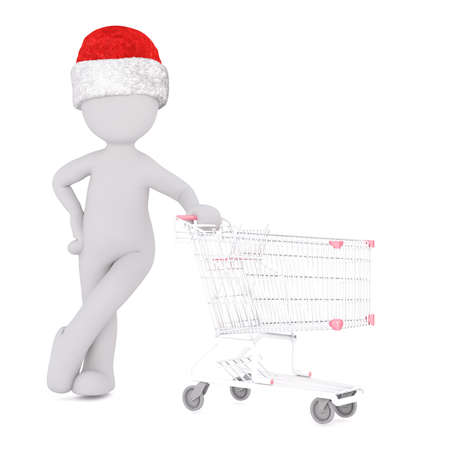 3D human figure in red Santa Claus hat leaning against an empty metal shopping cart over white for concept about Christmas shoppingの写真素材