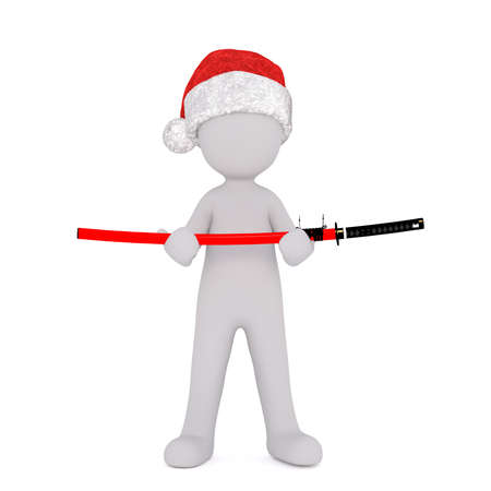 Full body portrait of 3d toon figure in Santa hat with Samurai sword in hands, white background